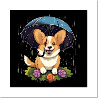 Corgi Rainy Day With Umbrella Posters and Art